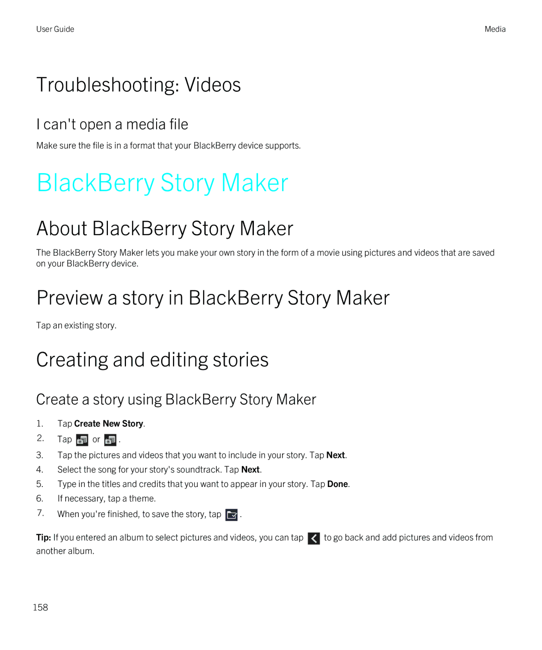 Blackberry Z10 manual Troubleshooting Videos, About BlackBerry Story Maker, Preview a story in BlackBerry Story Maker 