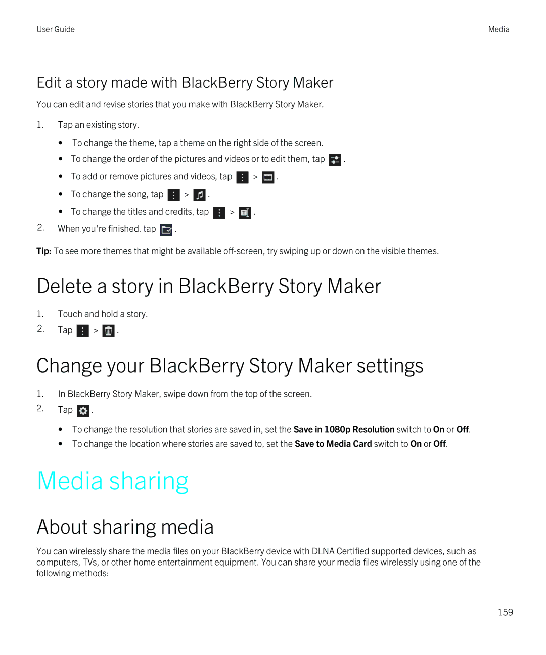 Blackberry Z10 manual Media sharing, Delete a story in BlackBerry Story Maker, Change your BlackBerry Story Maker settings 