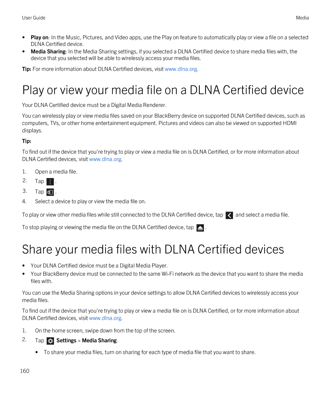 Blackberry Z10 Play or view your media file on a Dlna Certified device, Share your media files with Dlna Certified devices 