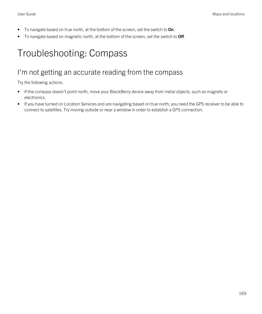 Blackberry Z10 manual Troubleshooting Compass, Im not getting an accurate reading from the compass 