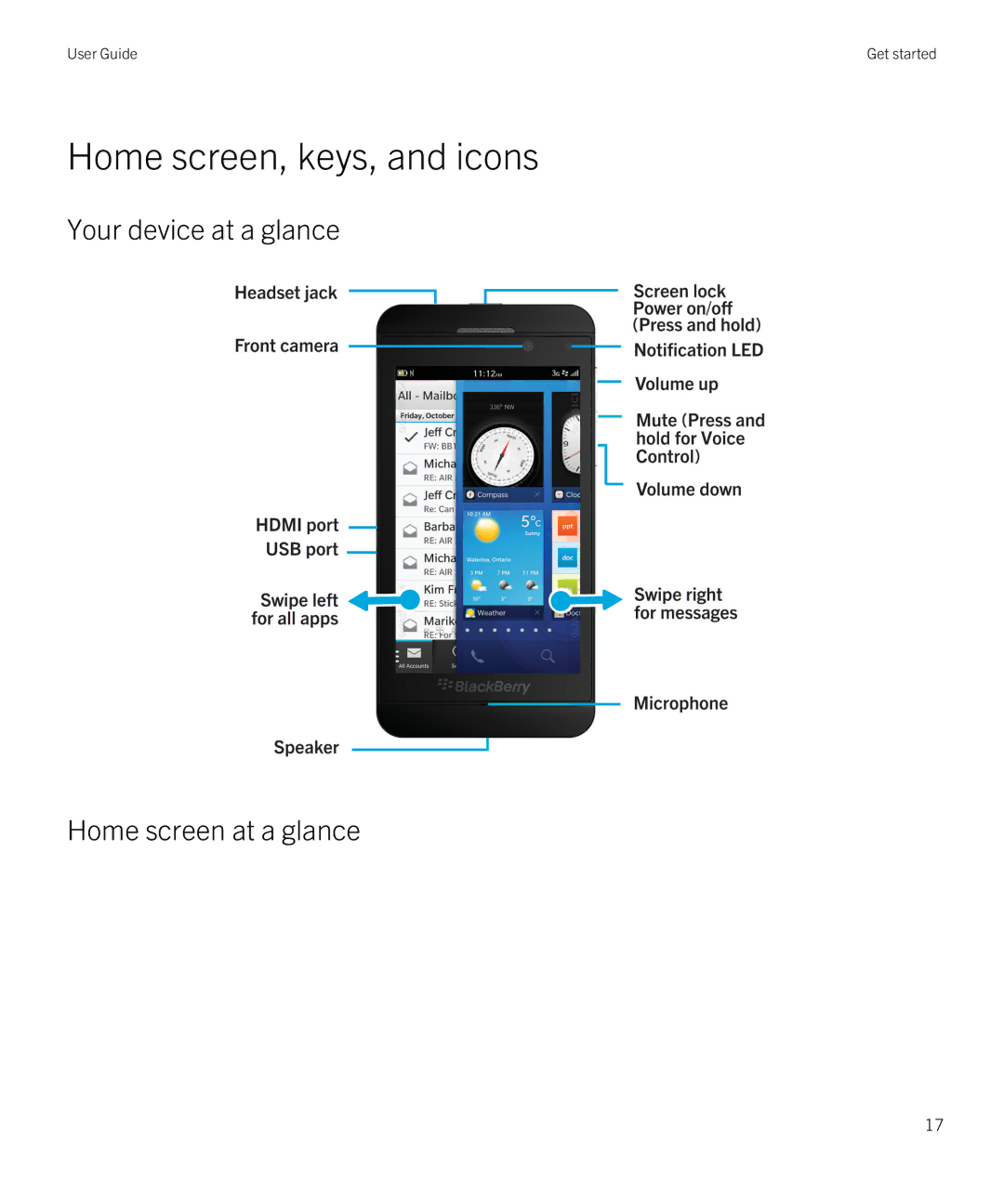 Blackberry Z10 manual Home screen, keys, and icons, Your device at a glance Home screen at a glance 