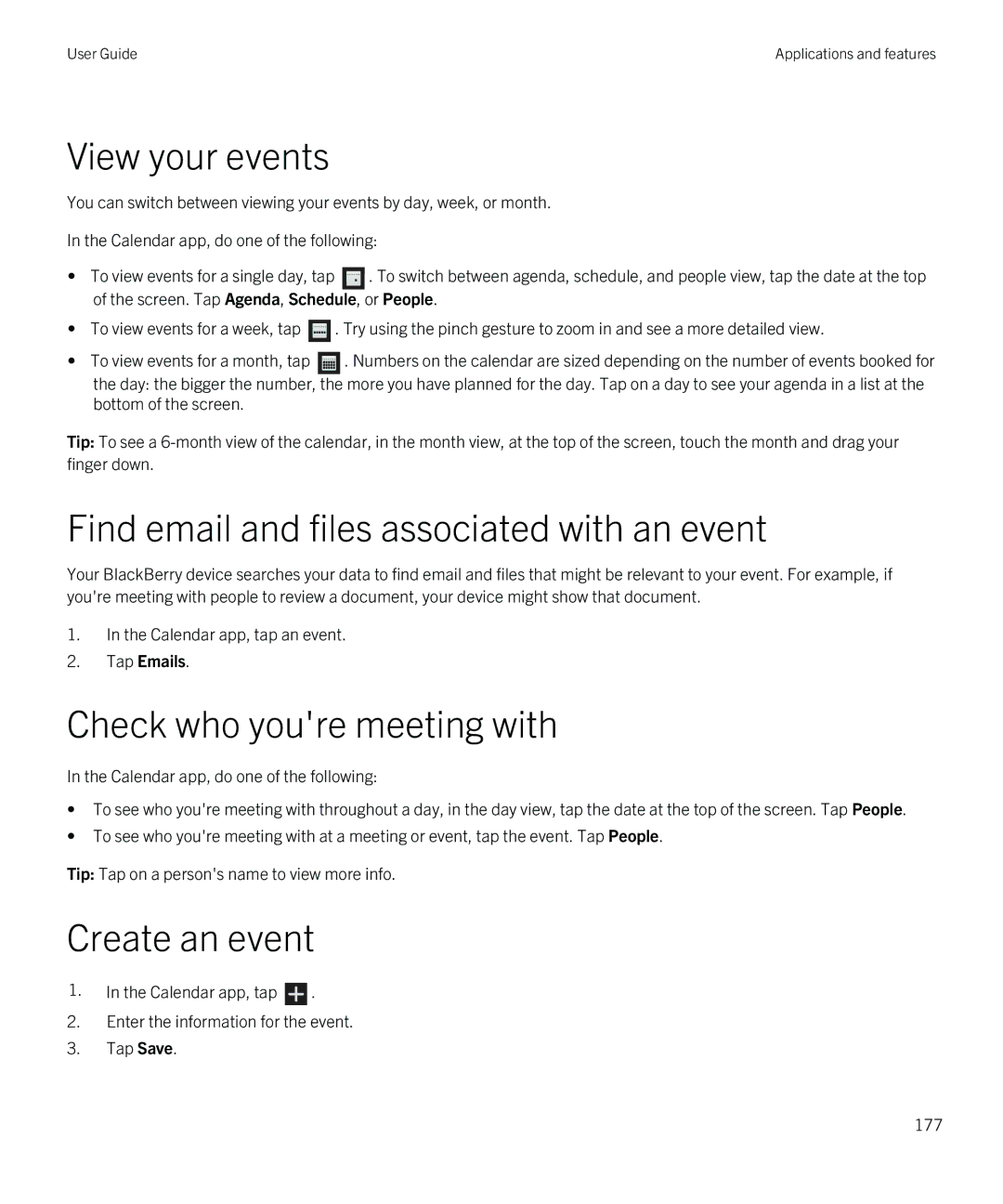 Blackberry Z10 View your events, Find email and files associated with an event, Check who youre meeting with, Tap Emails 