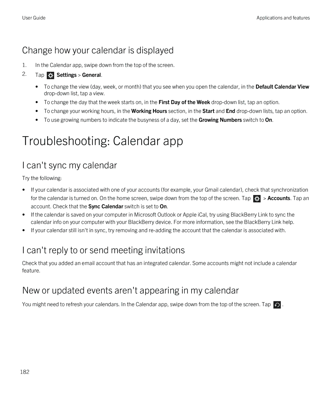 Blackberry Z10 manual Troubleshooting Calendar app, Change how your calendar is displayed, Cant sync my calendar 