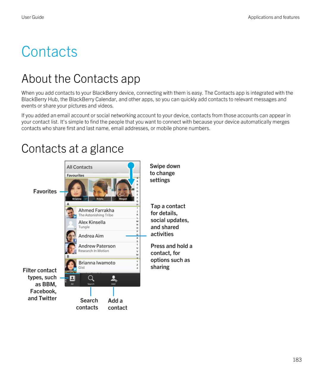 Blackberry Z10 manual About the Contacts app, Contacts at a glance 