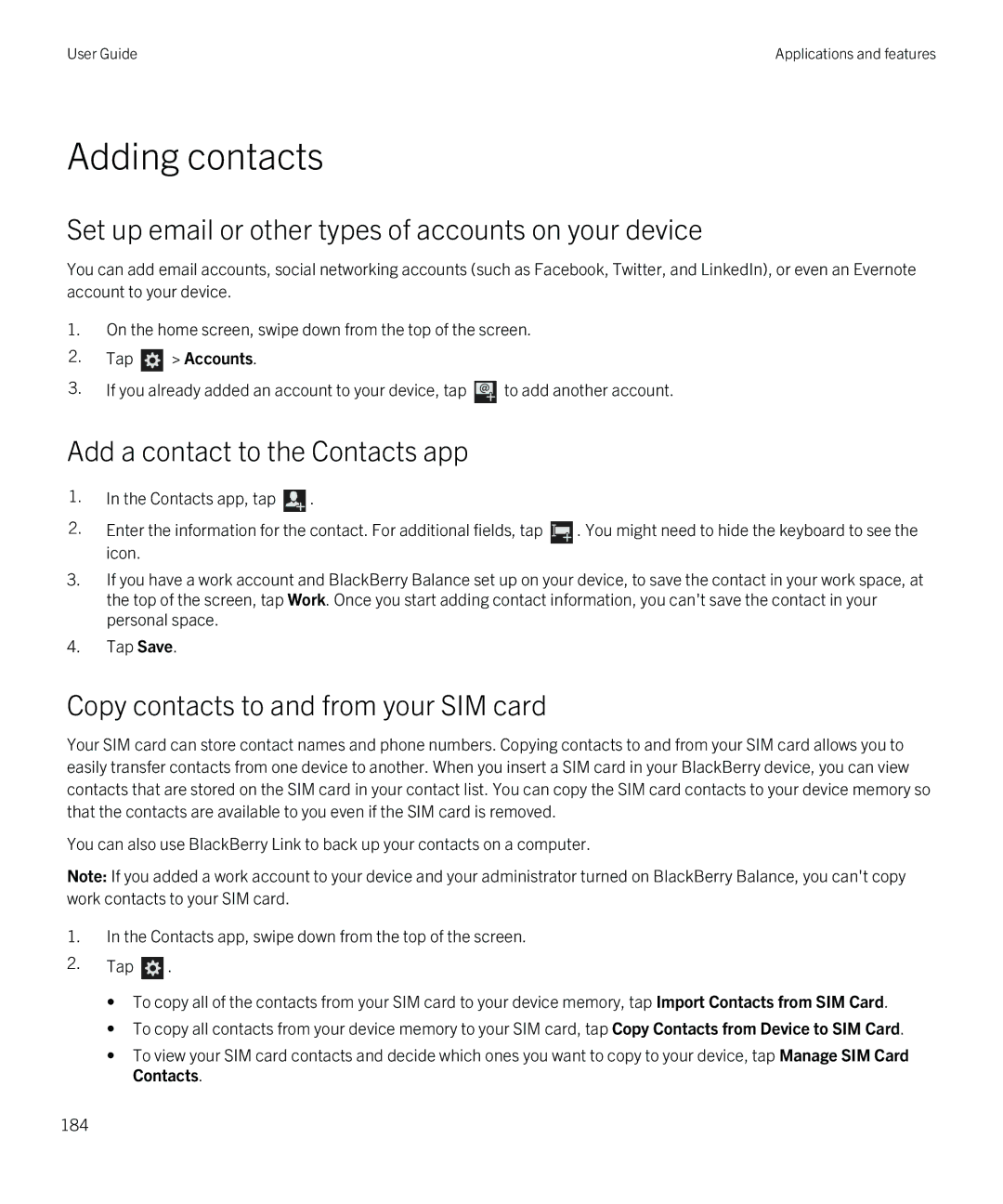 Blackberry Z10 manual Adding contacts, Add a contact to the Contacts app, Copy contacts to and from your SIM card 