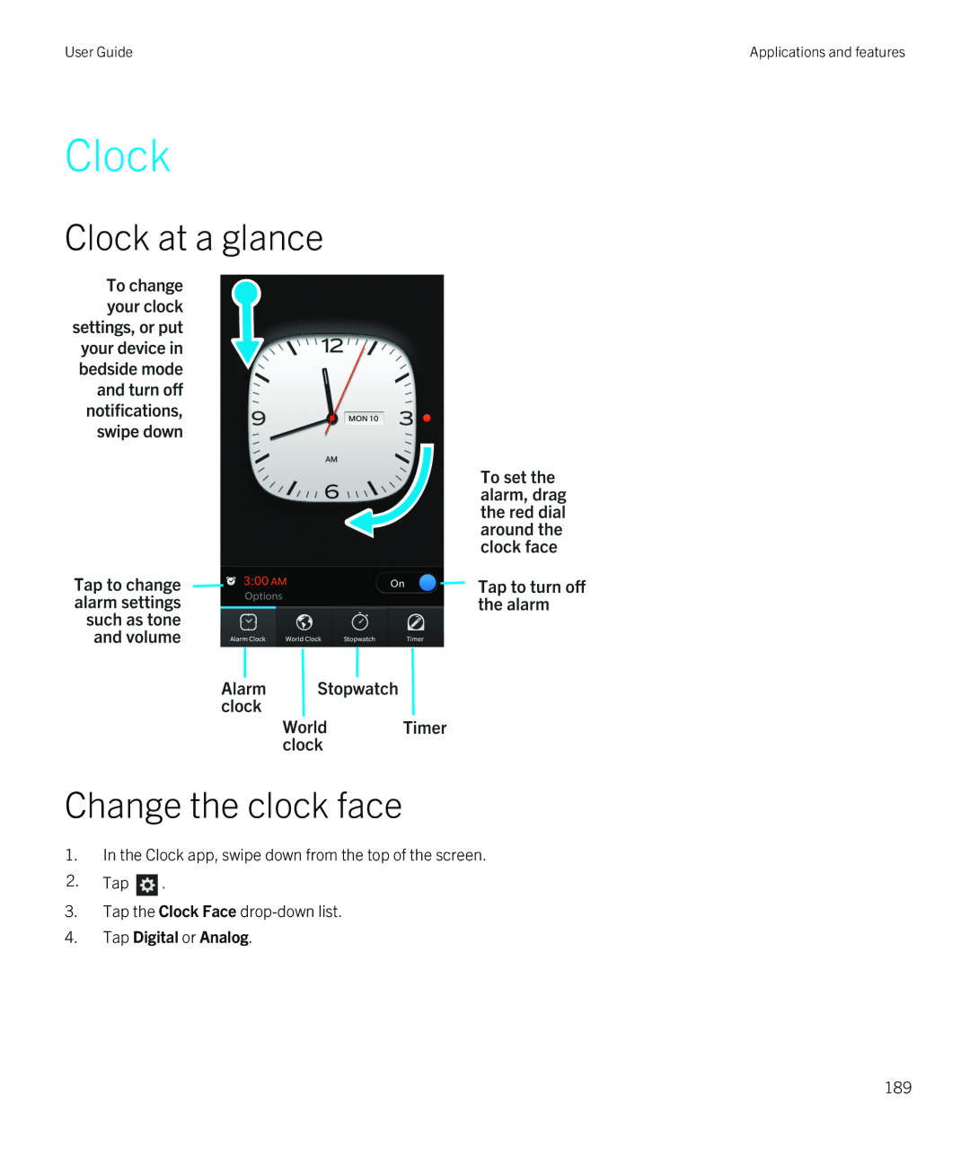 Blackberry Z10 manual Clock at a glance Change the clock face, Tap Digital or Analog 