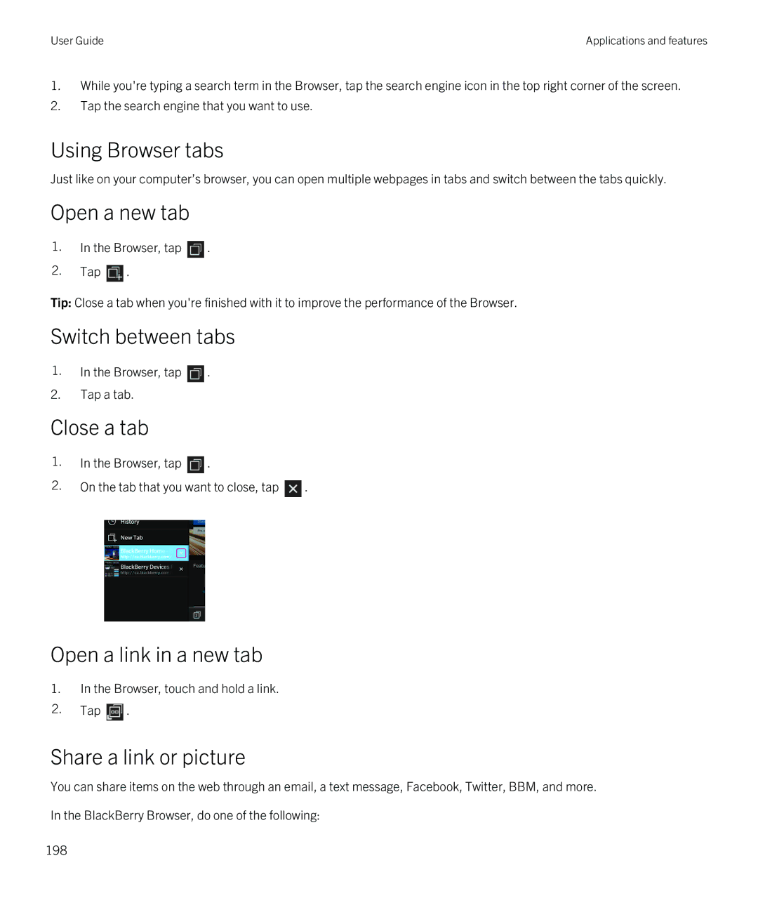 Blackberry Z10 manual Using Browser tabs, Open a new tab, Switch between tabs, Close a tab, Open a link in a new tab 