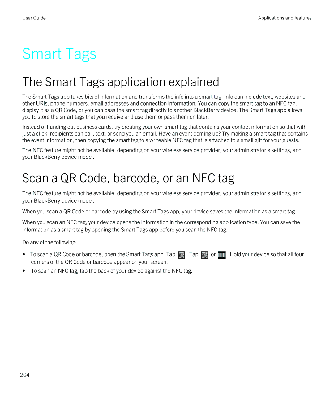 Blackberry Z10 manual Smart Tags application explained, Scan a QR Code, barcode, or an NFC tag 