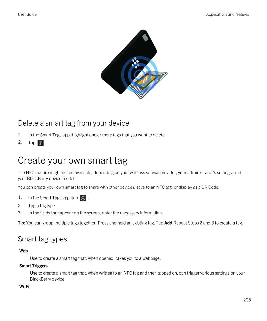 Blackberry Z10 manual Create your own smart tag, Delete a smart tag from your device, Smart tag types 