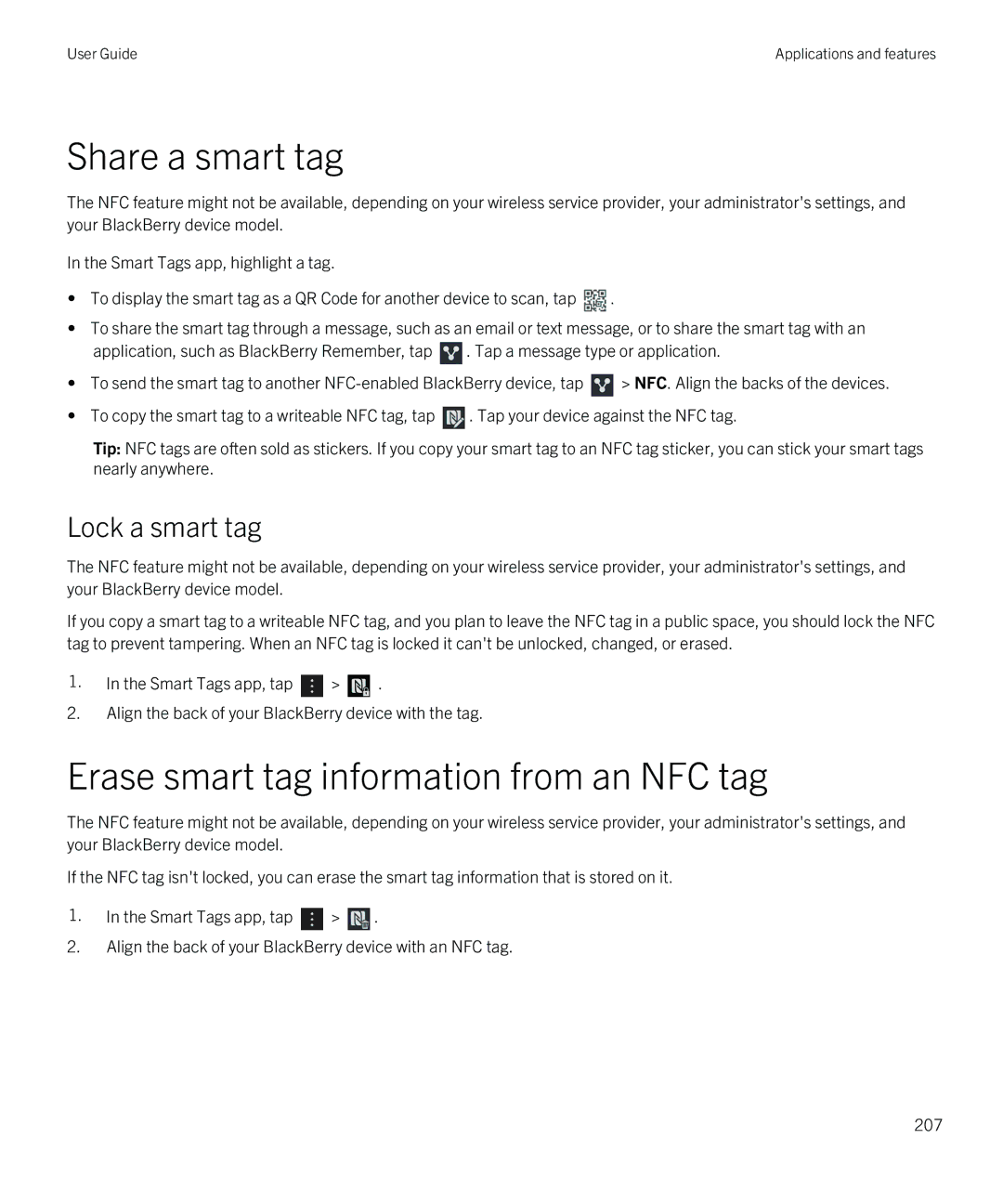 Blackberry Z10 manual Share a smart tag, Erase smart tag information from an NFC tag, Lock a smart tag 