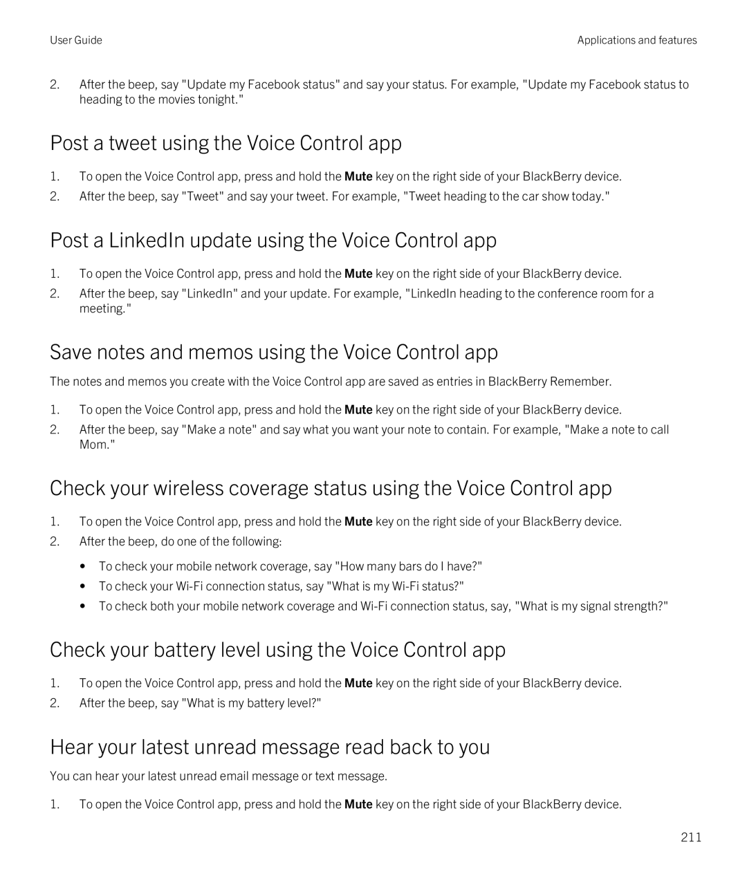 Blackberry Z10 manual Post a tweet using the Voice Control app, Post a LinkedIn update using the Voice Control app 