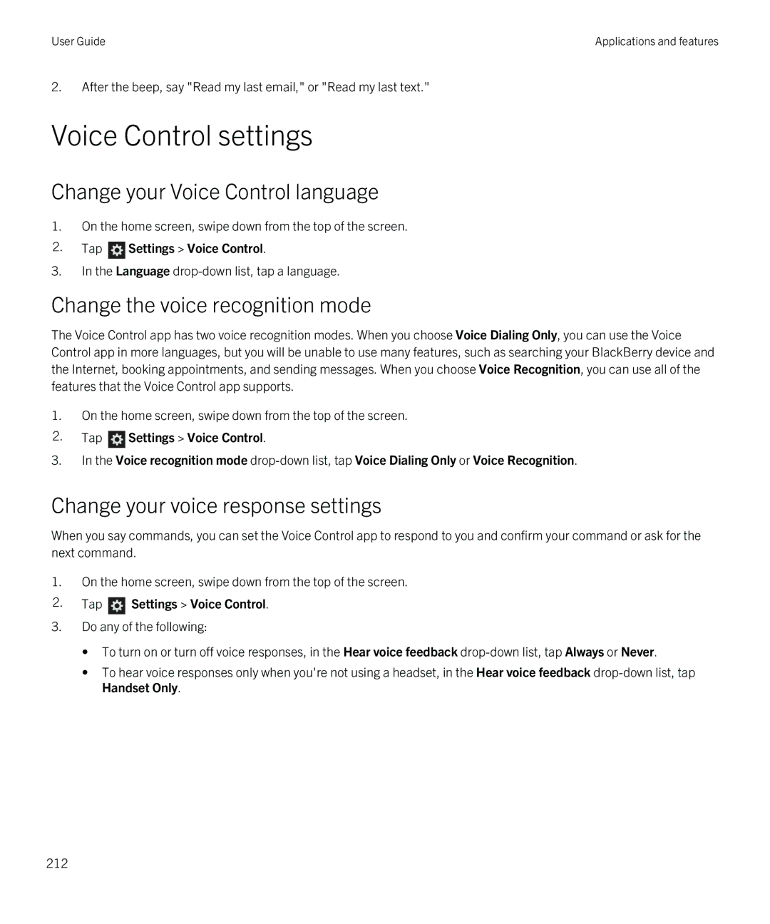 Blackberry Z10 manual Voice Control settings, Change your Voice Control language, Change the voice recognition mode 