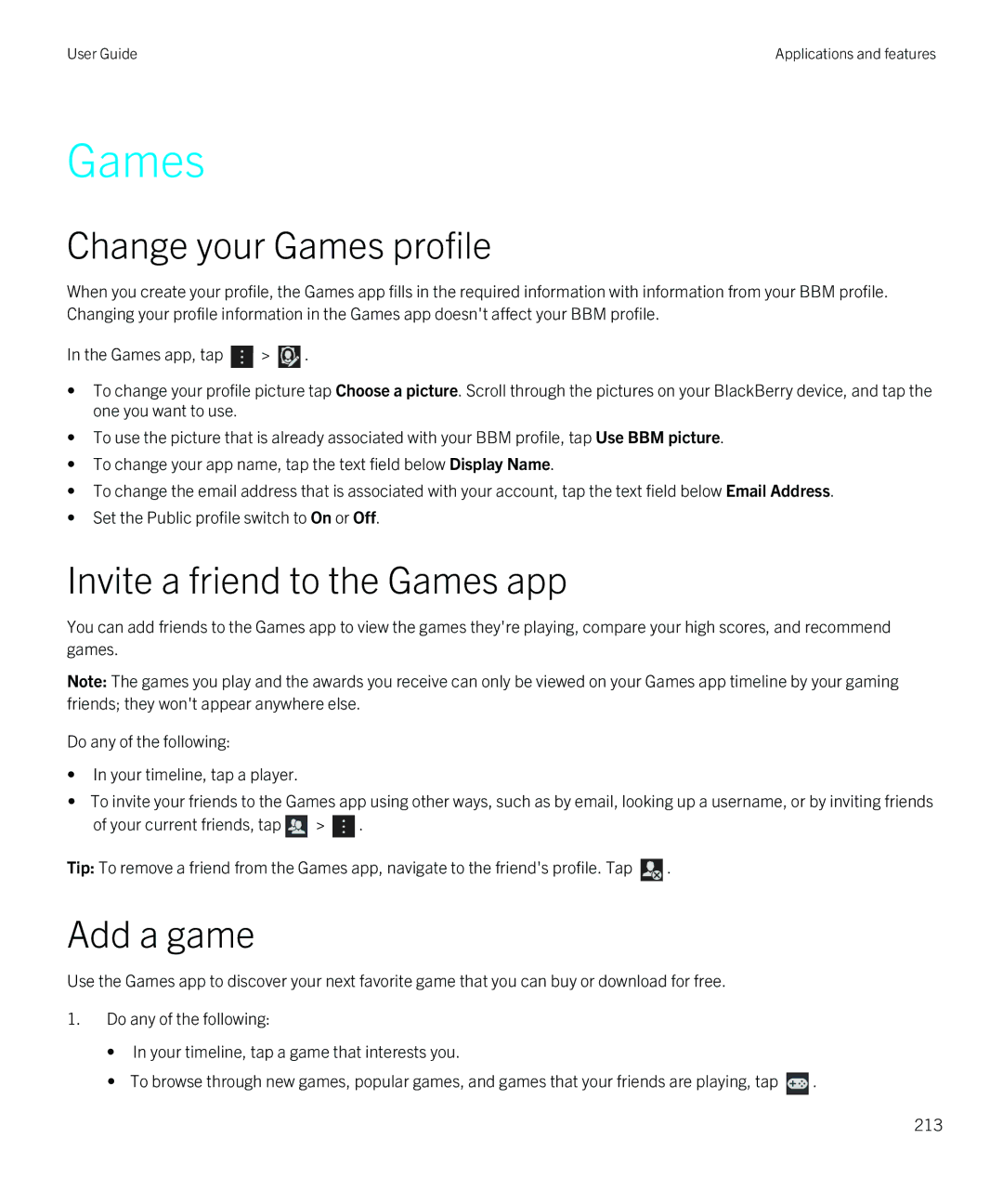 Blackberry Z10 manual Change your Games profile, Invite a friend to the Games app, Add a game 