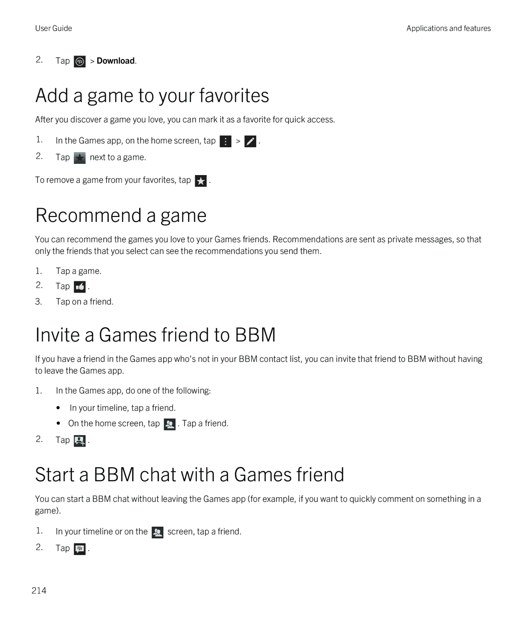 Blackberry Z10 manual Add a game to your favorites, Recommend a game, Invite a Games friend to BBM 