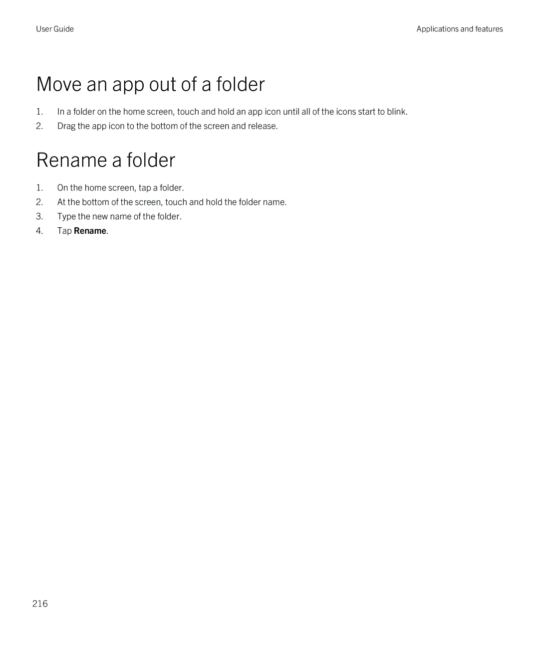 Blackberry Z10 manual Move an app out of a folder, Rename a folder, Tap Rename 