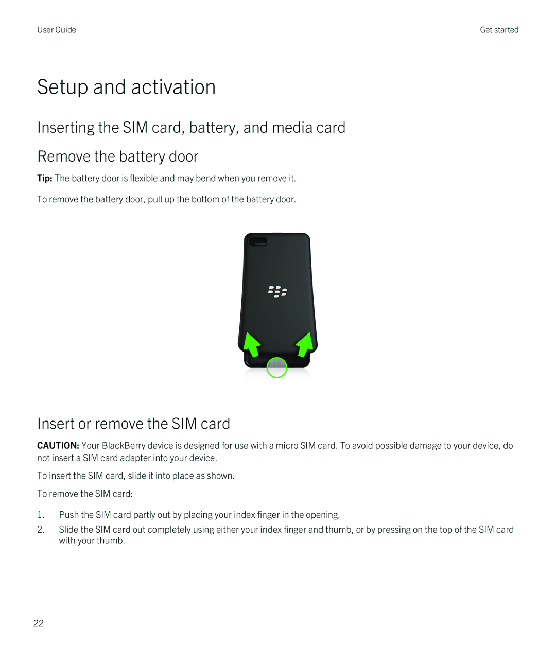 Blackberry Z10 manual Setup and activation, Insert or remove the SIM card 