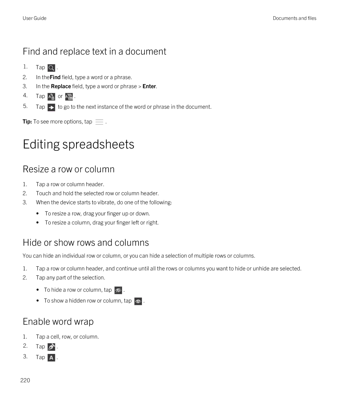 Blackberry Z10 manual Editing spreadsheets, Find and replace text in a document, Resize a row or column, Enable word wrap 