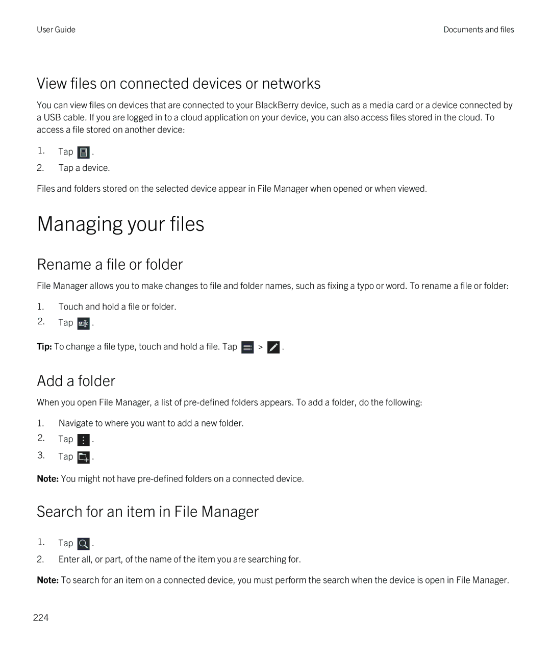 Blackberry Z10 Managing your files, View files on connected devices or networks, Rename a file or folder, Add a folder 