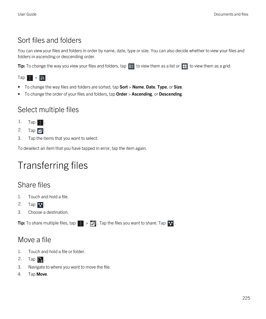 Blackberry Z10 manual Transferring files, Sort files and folders, Select multiple files, Share files, Move a file 