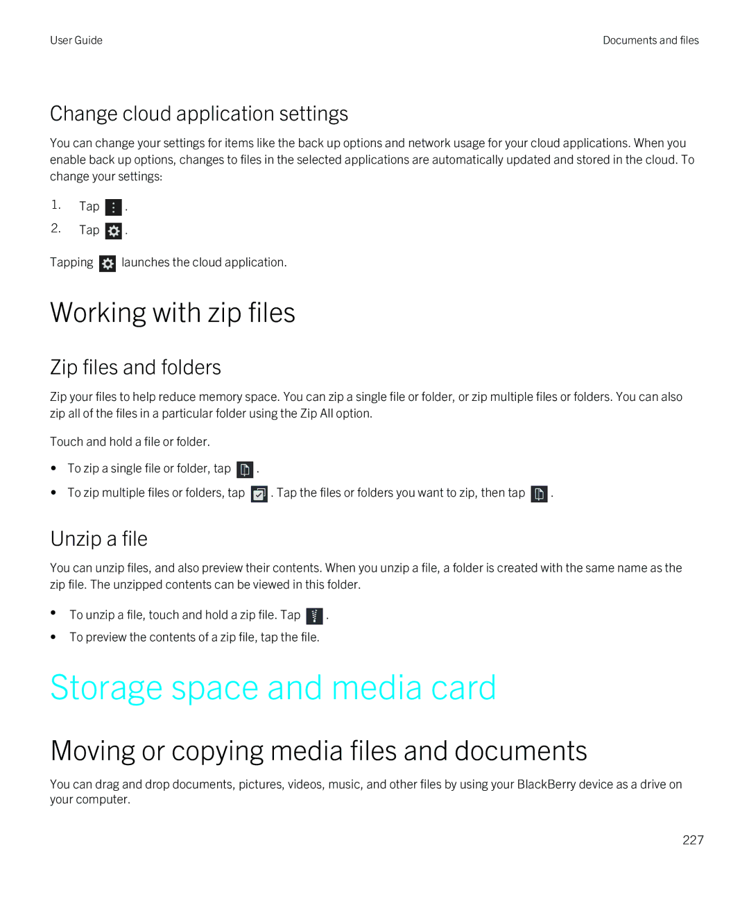 Blackberry Z10 manual Storage space and media card, Working with zip files, Moving or copying media files and documents 