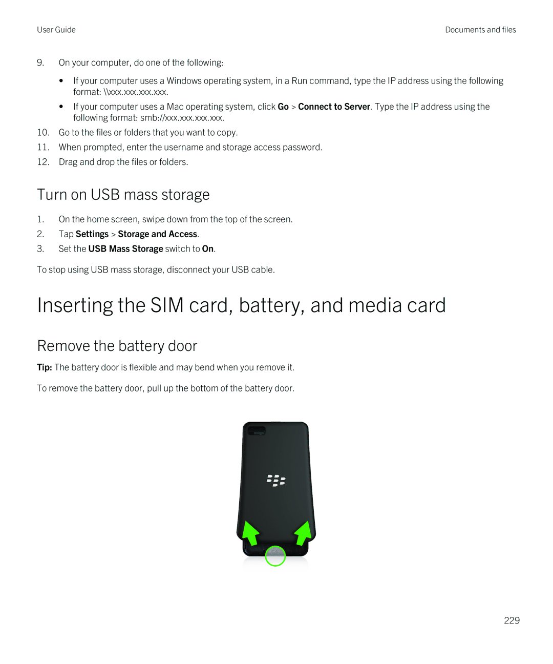 Blackberry Z10 Inserting the SIM card, battery, and media card, Turn on USB mass storage, Tap Settings Storage and Access 