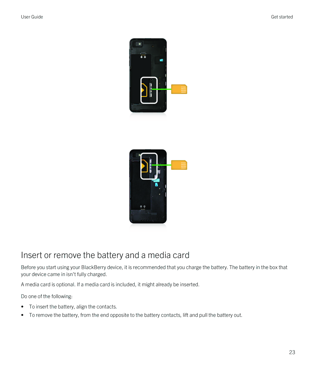 Blackberry Z10 manual Insert or remove the battery and a media card 