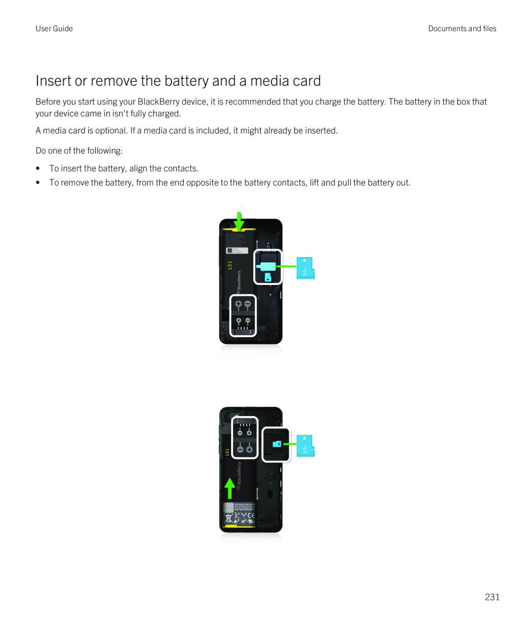 Blackberry Z10 manual Insert or remove the battery and a media card 