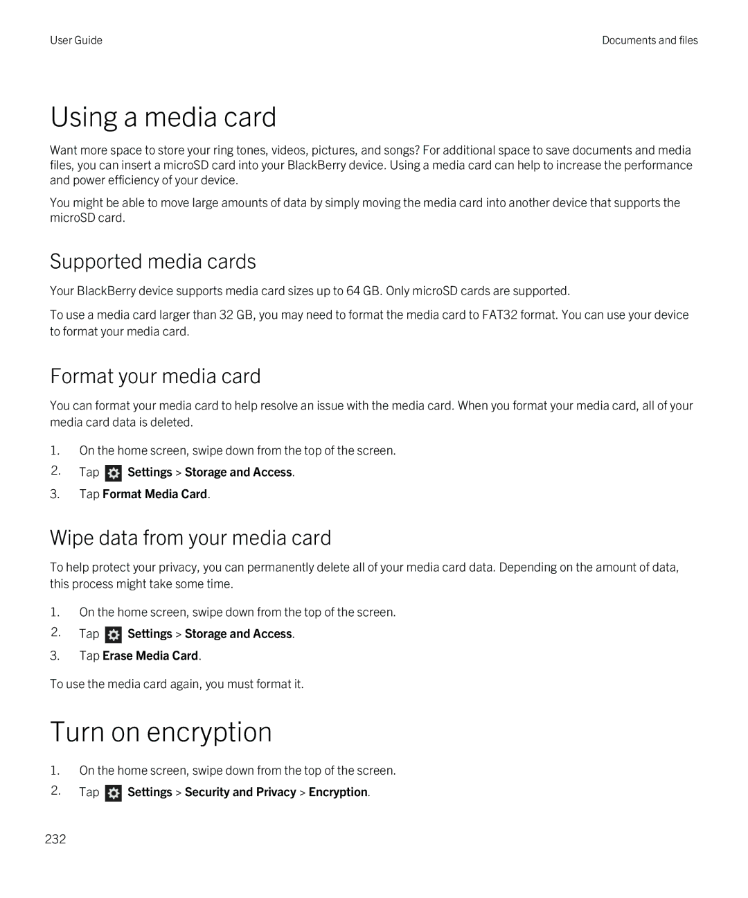 Blackberry Z10 manual Using a media card, Supported media cards, Format your media card, Wipe data from your media card 