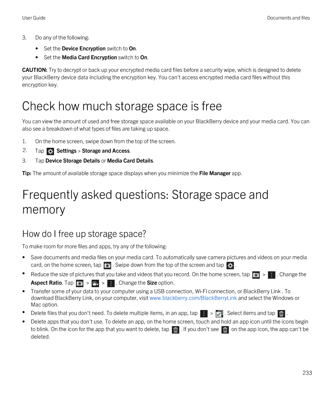 Blackberry Z10 manual Check how much storage space is free, Frequently asked questions Storage space and memory 