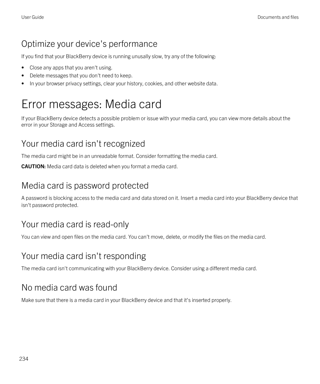 Blackberry Z10 manual Error messages Media card 