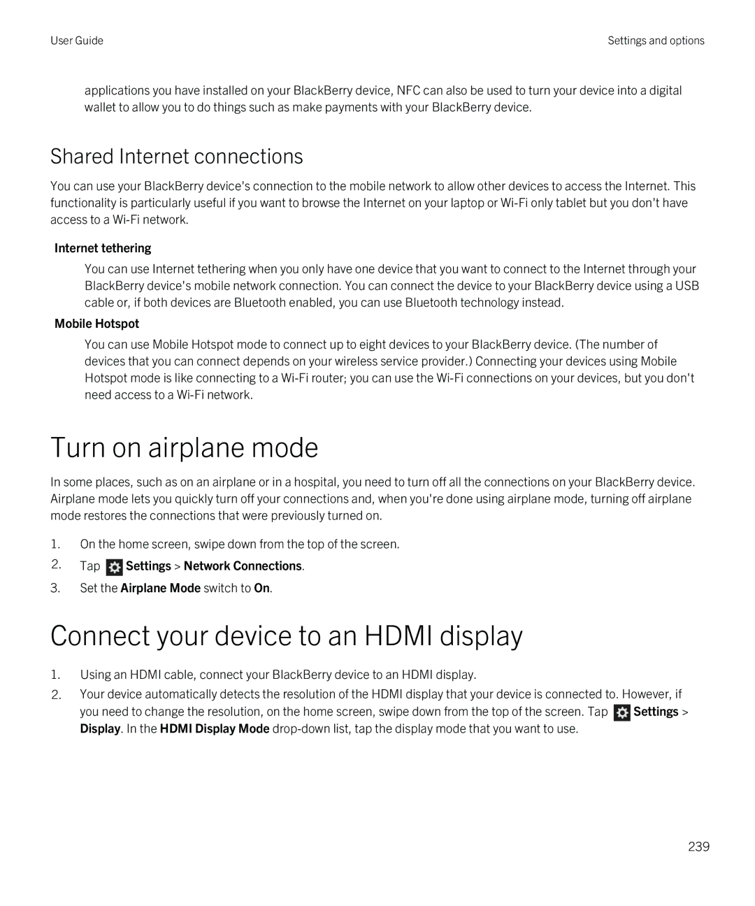 Blackberry Z10 manual Turn on airplane mode, Shared Internet connections, Internet tethering, Mobile Hotspot 