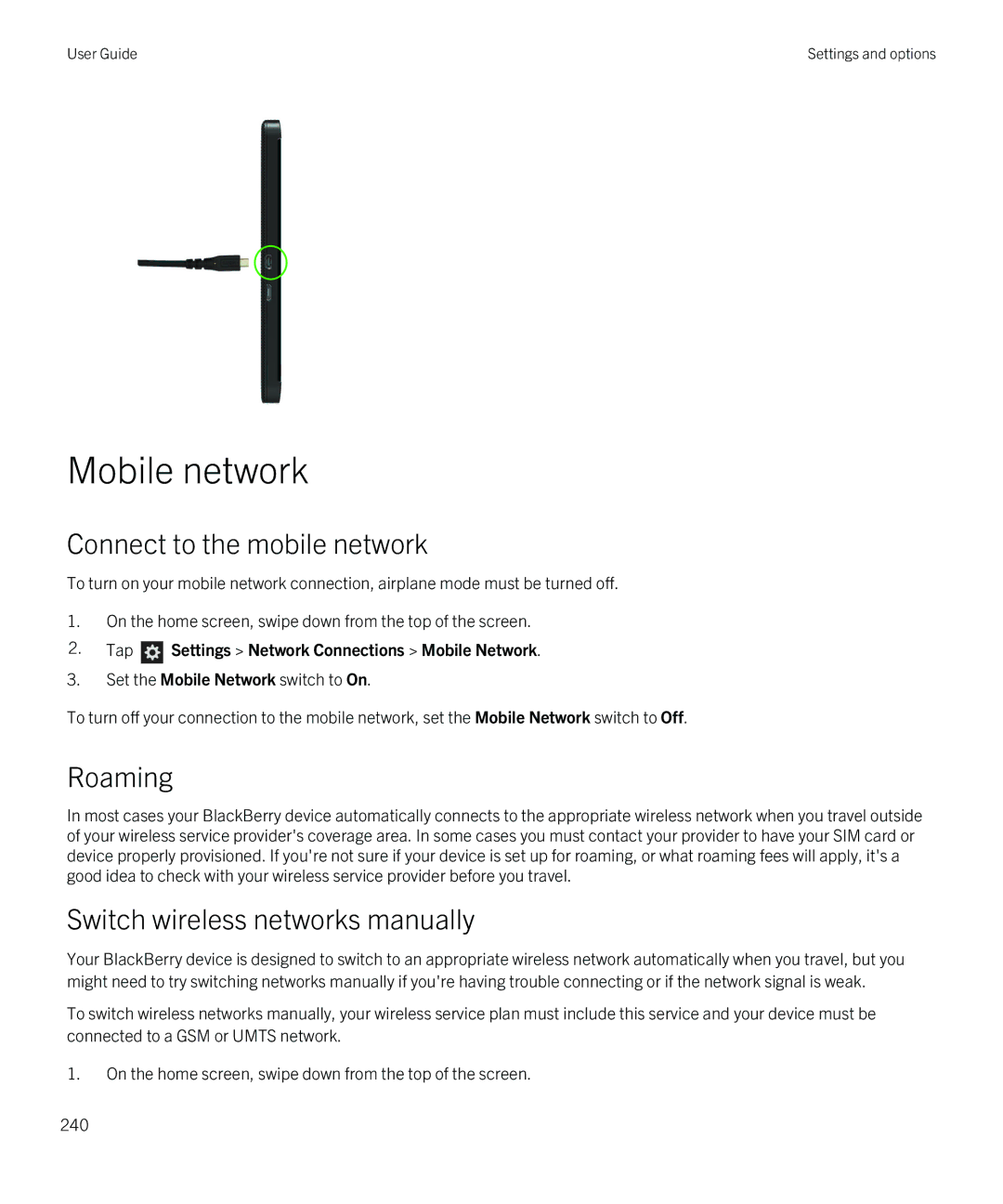 Blackberry Z10 Mobile network, Connect to the mobile network, Roaming, Switch wireless networks manually 