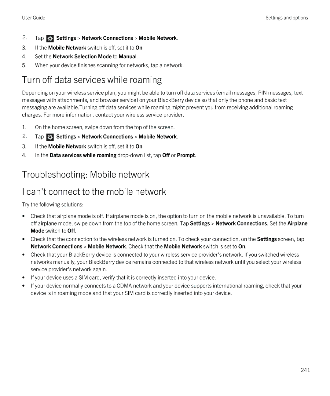 Blackberry Z10 manual Turn off data services while roaming, Set the Network Selection Mode to Manual 