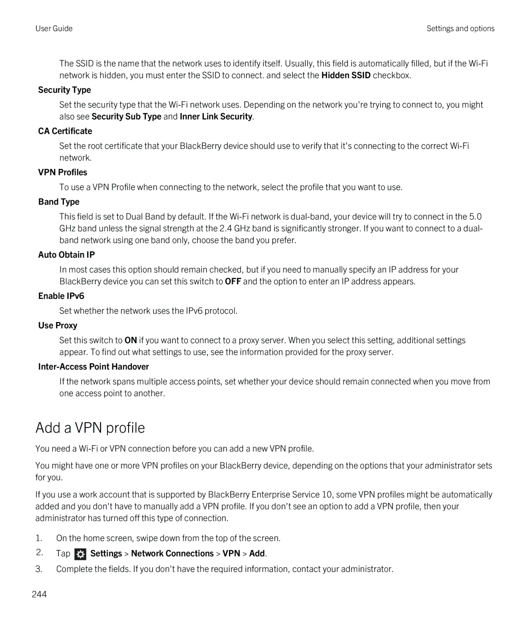 Blackberry Z10 manual Security Type, CA Certificate, VPN Profiles, Band Type, Auto Obtain IP, Enable IPv6, Use Proxy 