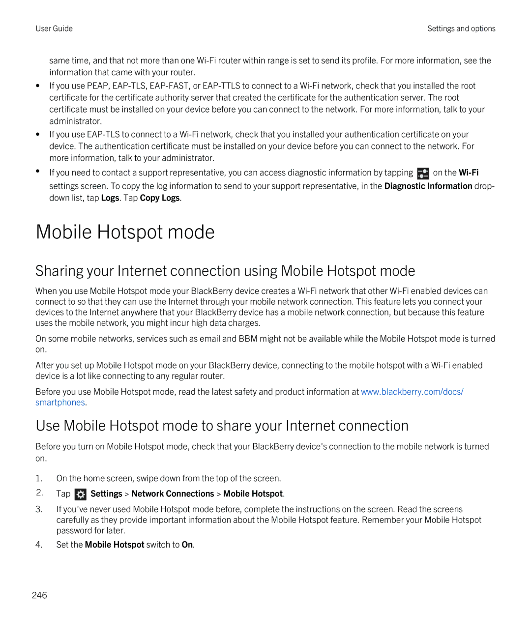 Blackberry Z10 manual Sharing your Internet connection using Mobile Hotspot mode 