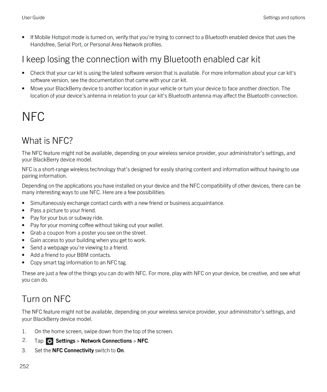 Blackberry Z10 manual What is NFC?, Turn on NFC, Tap Settings Network Connections NFC 