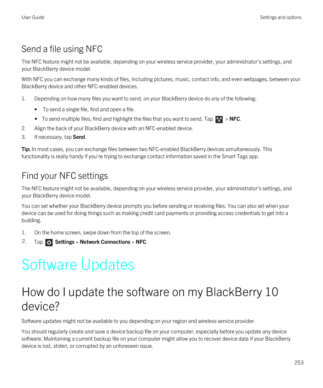 Blackberry Z10 manual Software Updates, How do I update the software on my BlackBerry 10 device?, Send a file using NFC 