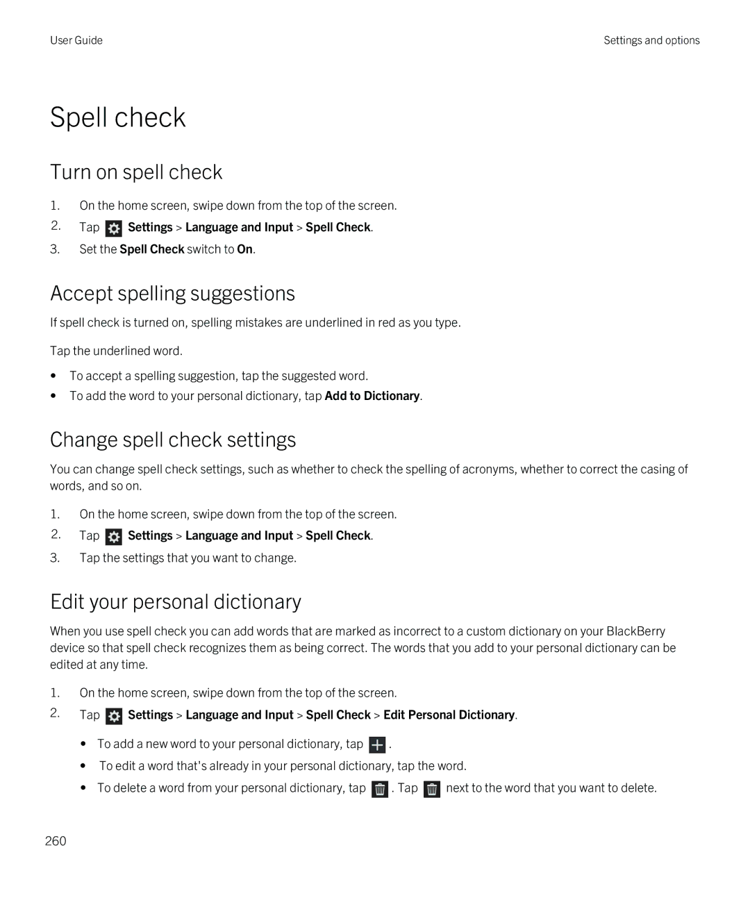 Blackberry Z10 manual Spell check, Turn on spell check, Change spell check settings, Edit your personal dictionary 