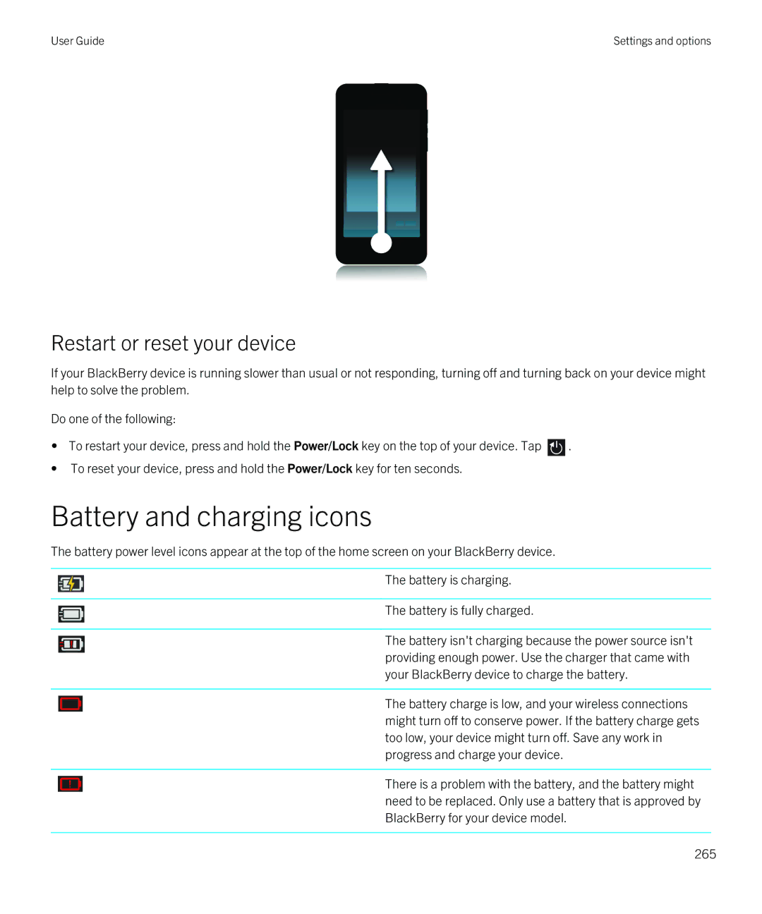 Blackberry Z10 manual Battery and charging icons, Restart or reset your device 