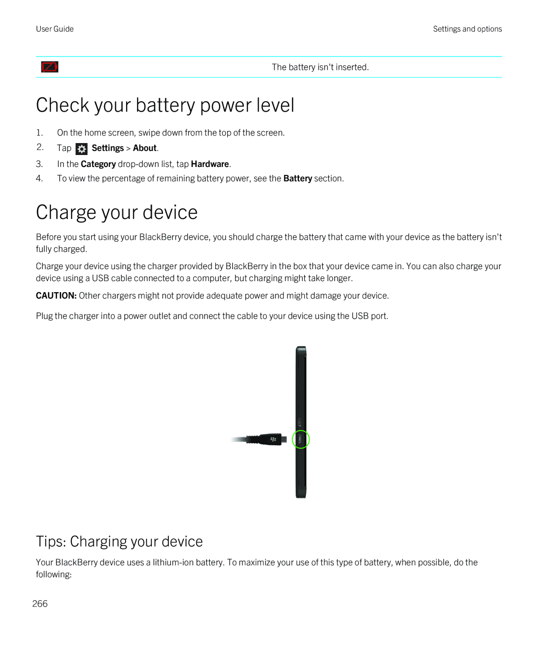 Blackberry Z10 manual Check your battery power level, Charge your device 