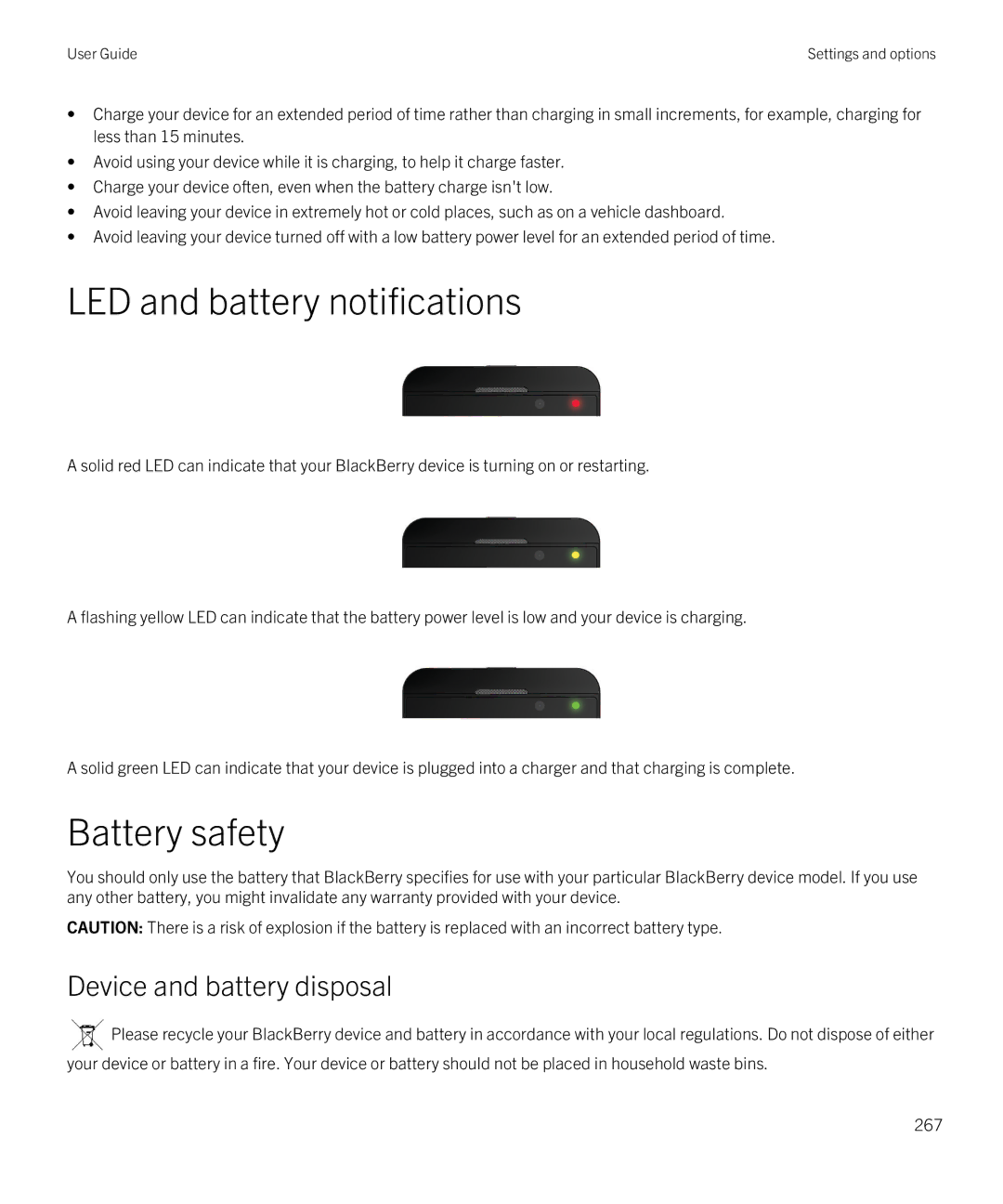 Blackberry Z10 manual LED and battery notifications, Battery safety, Device and battery disposal 