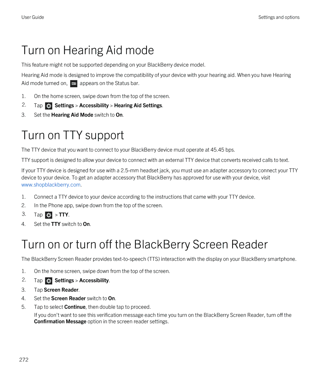 Blackberry Z10 manual Turn on Hearing Aid mode, Turn on TTY support, Turn on or turn off the BlackBerry Screen Reader 