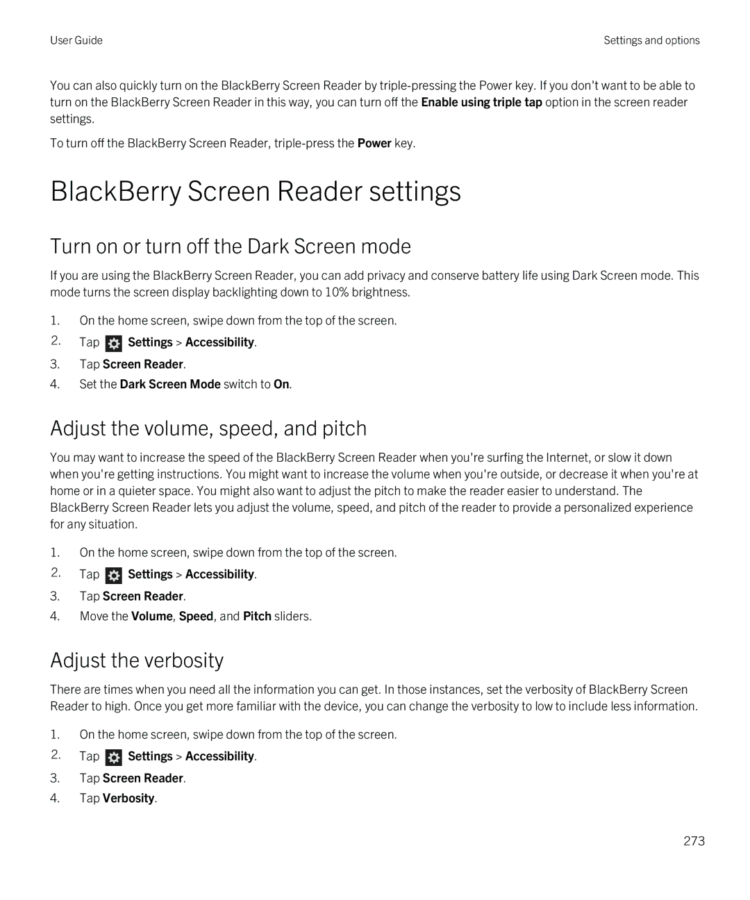 Blackberry Z10 manual BlackBerry Screen Reader settings, Turn on or turn off the Dark Screen mode, Adjust the verbosity 