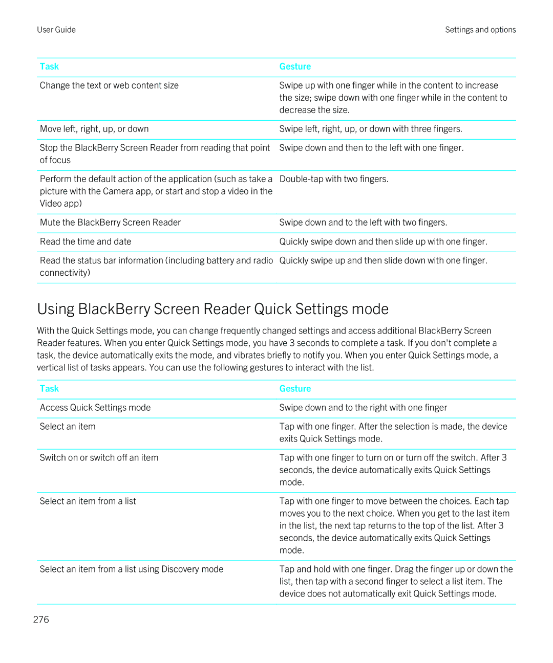 Blackberry Z10 manual Using BlackBerry Screen Reader Quick Settings mode, Select an item from a list 