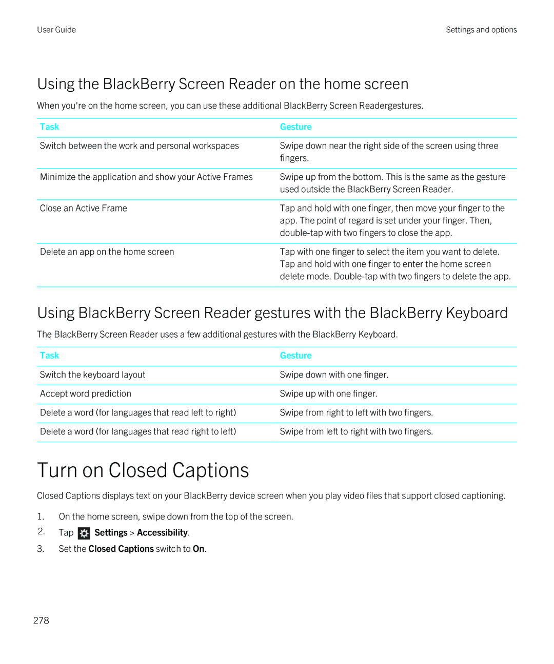 Blackberry Z10 manual Turn on Closed Captions, Using the BlackBerry Screen Reader on the home screen 