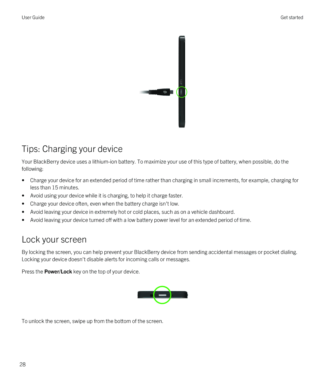 Blackberry Z10 manual Tips Charging your device, Lock your screen 