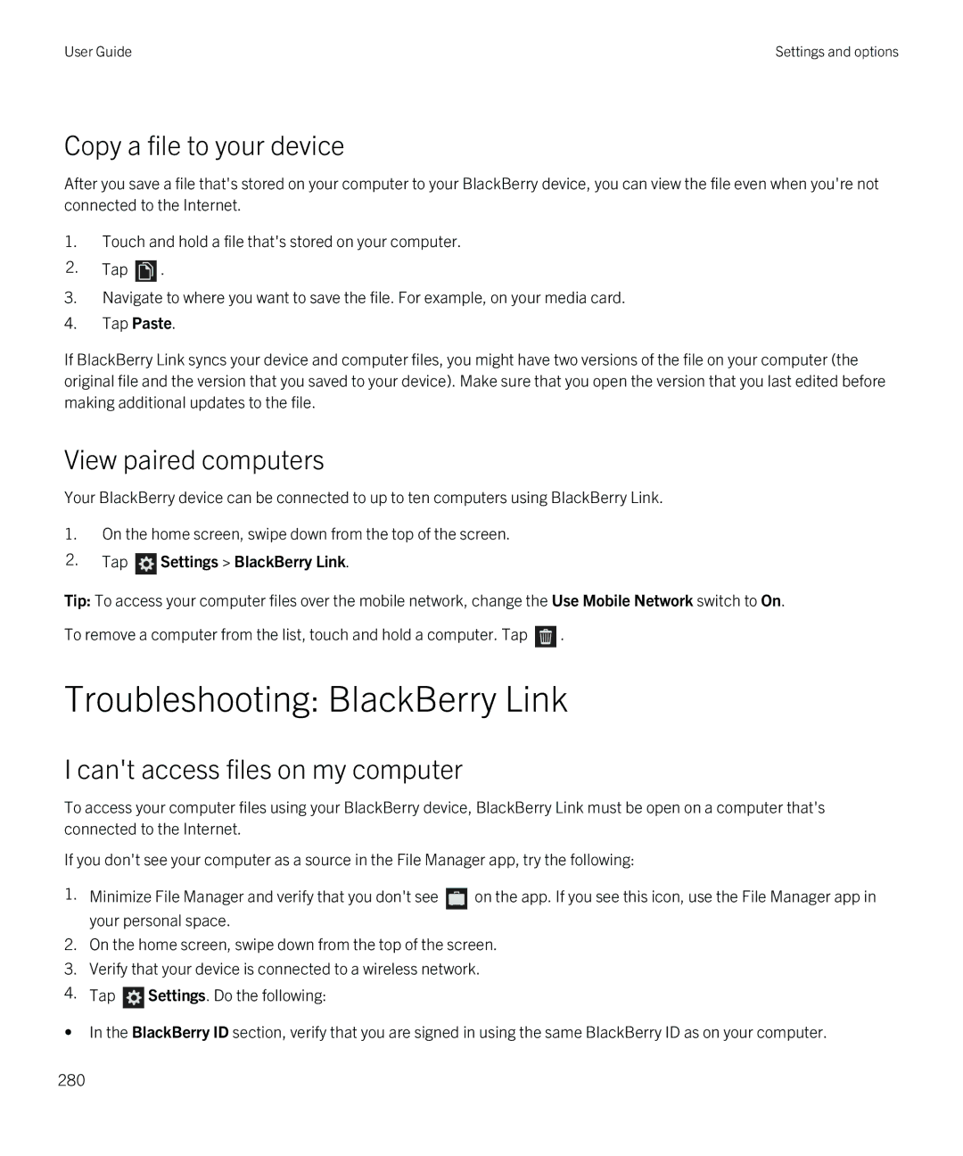 Blackberry Z10 manual Troubleshooting BlackBerry Link, Copy a file to your device, View paired computers 