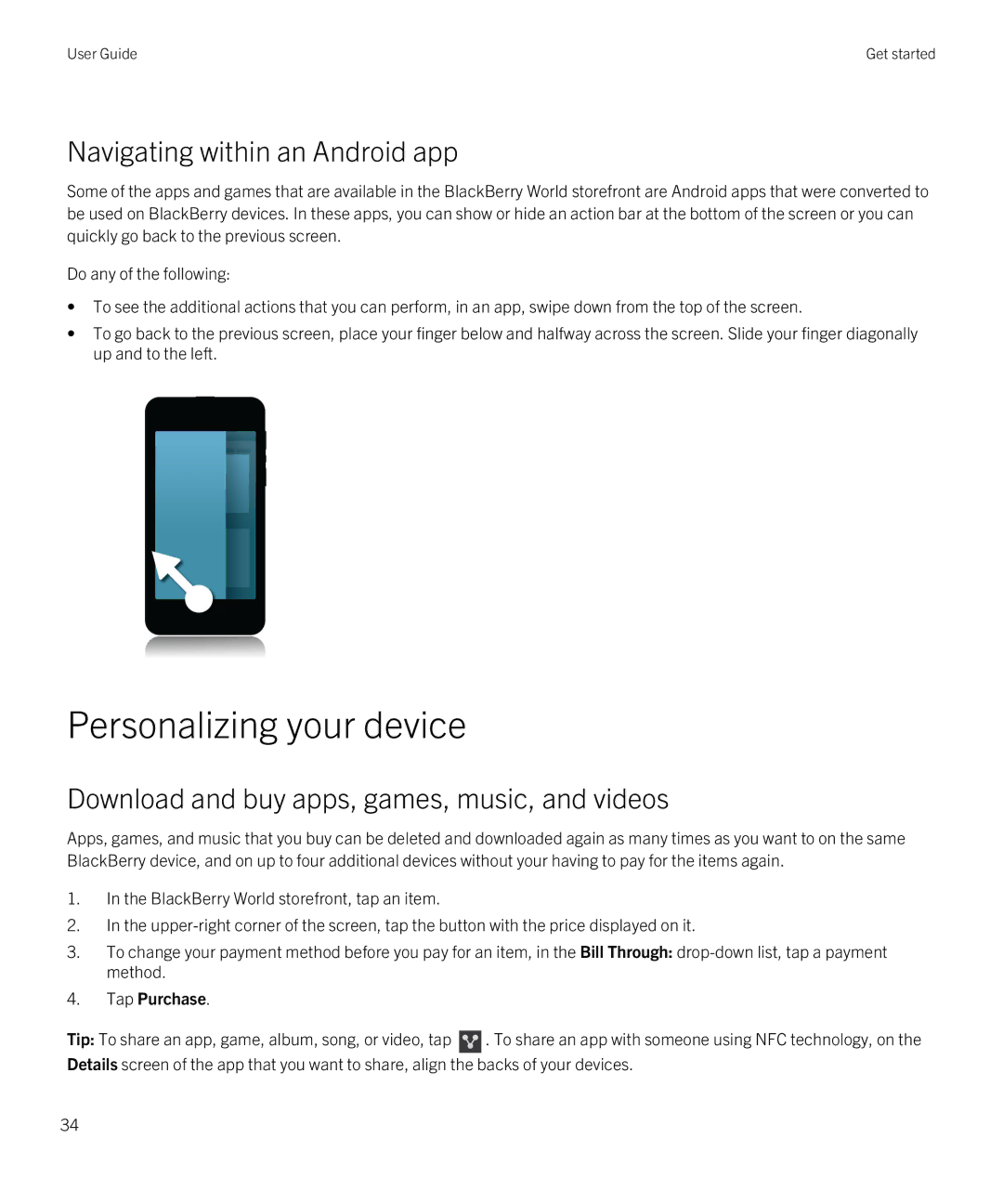 Blackberry Z10 manual Personalizing your device, Navigating within an Android app, Tap Purchase 