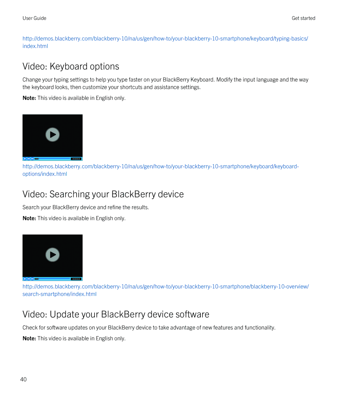 Blackberry Z10 manual Video Keyboard options, Video Searching your BlackBerry device 