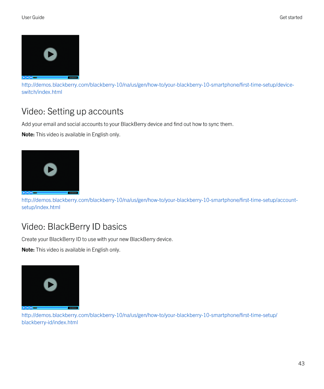 Blackberry Z10 manual Video Setting up accounts, Video BlackBerry ID basics 